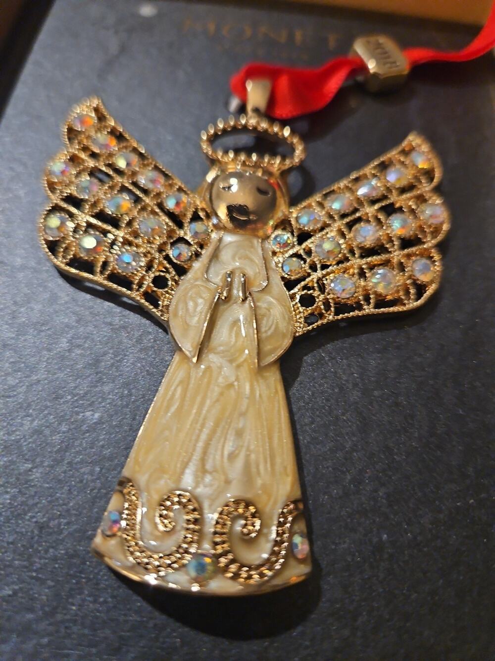 Monet 2021 Angel Christmas Ornament Rhinestone Pearl Enamel Gold Tone Boxed